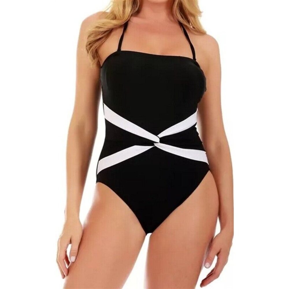 NWOT INSTANT FIGURE 8 Compression Bandeau 1PC Swimsuit Contrast Twist 119755